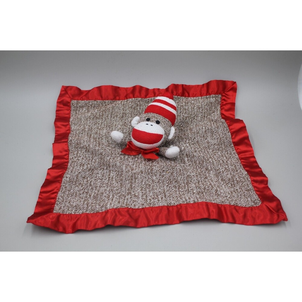 Sock Monkey Lovey Plush Security Blanket Brown Red Snuggle Buddy Baby 17" Satin